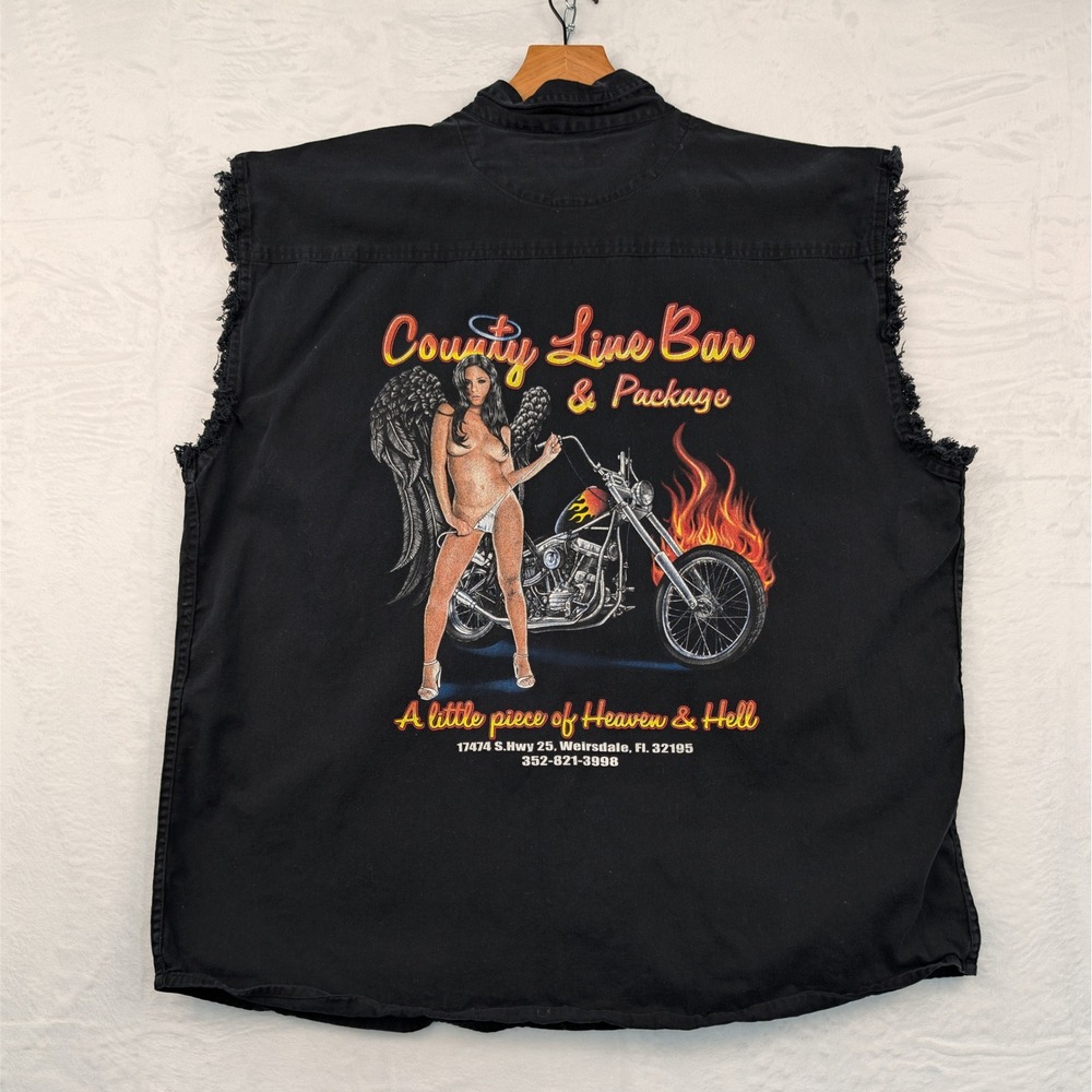 VTG Sports Gallery Biker Shirt Mens 2XL Black Sleeveless Button Up Flame Y2K